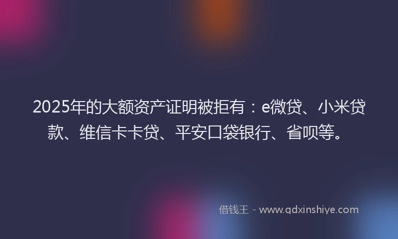 2025年的大额资产证明被拒有：e微贷、小米贷款、维信卡卡贷、平安口袋银行、省呗等。