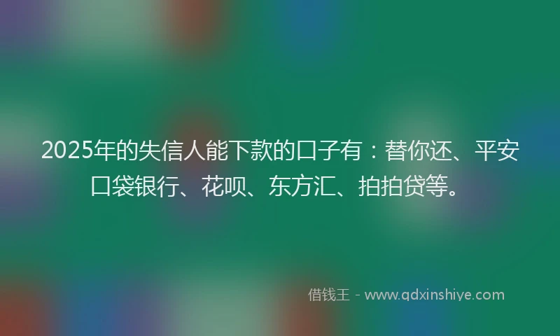 2025年的失信人能下款的口子有：替你还、平安口袋银行、花呗、东方汇、拍拍贷等。