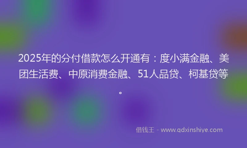 2025年的分付借款怎么开通有：度小满金融、美团生活费、中原消费金融、51人品贷、柯基贷等。