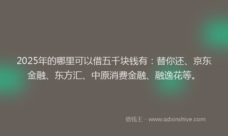 2025年的哪里可以借五千块钱有：替你还、京东金融、东方汇、中原消费金融、融逸花等。