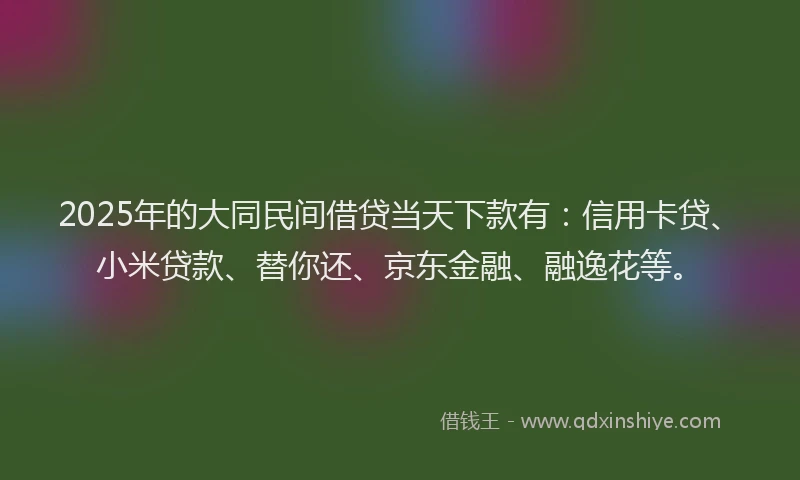 2025年的大同民间借贷当天下款有：信用卡贷、小米贷款、替你还、京东金融、融逸花等。