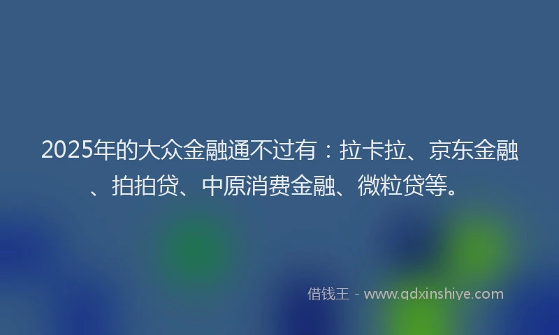 2025年的大众金融通不过有：拉卡拉、京东金融、拍拍贷、中原消费金融、微粒贷等。
