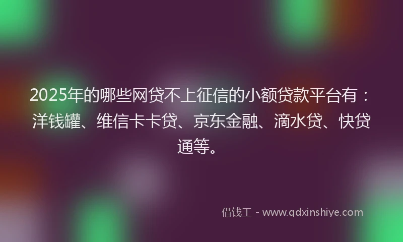 2025年的哪些网贷不上征信的小额贷款平台有：洋钱罐、维信卡卡贷、京东金融、滴水贷、快贷通等。