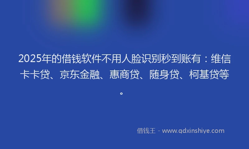2025年的借钱软件不用人脸识别秒到账有：维信卡卡贷、京东金融、惠商贷、随身贷、柯基贷等。