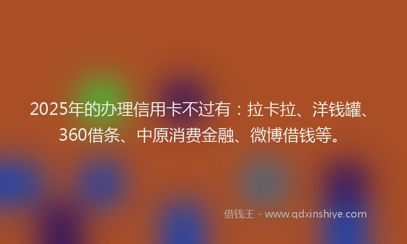 2025年的办理信用卡不过有：拉卡拉、洋钱罐、360借条、中原消费金融、微博借钱等。