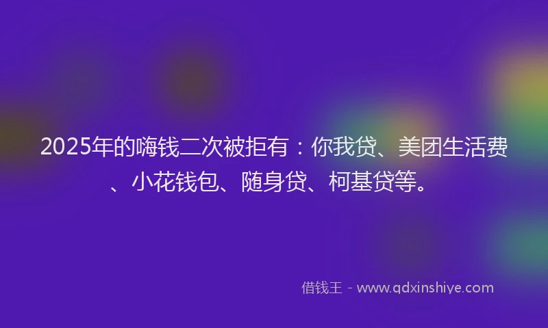 2025年的嗨钱二次被拒有：你我贷、美团生活费、小花钱包、随身贷、柯基贷等。