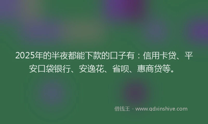 2025年的半夜都能下款的口子有：信用卡贷、平安口袋银行、安逸花、省呗、惠商贷等。