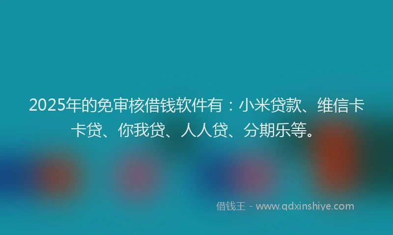 2025年的免审核借钱软件有：小米贷款、维信卡卡贷、你我贷、人人贷、分期乐等。