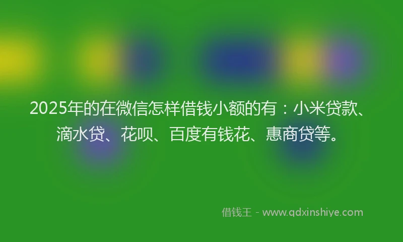 2025年的在微信怎样借钱小额的有：小米贷款、滴水贷、花呗、百度有钱花、惠商贷等。