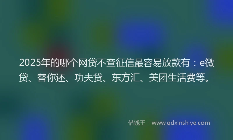 2025年的哪个网贷不查征信最容易放款有：e微贷、替你还、功夫贷、东方汇、美团生活费等。
