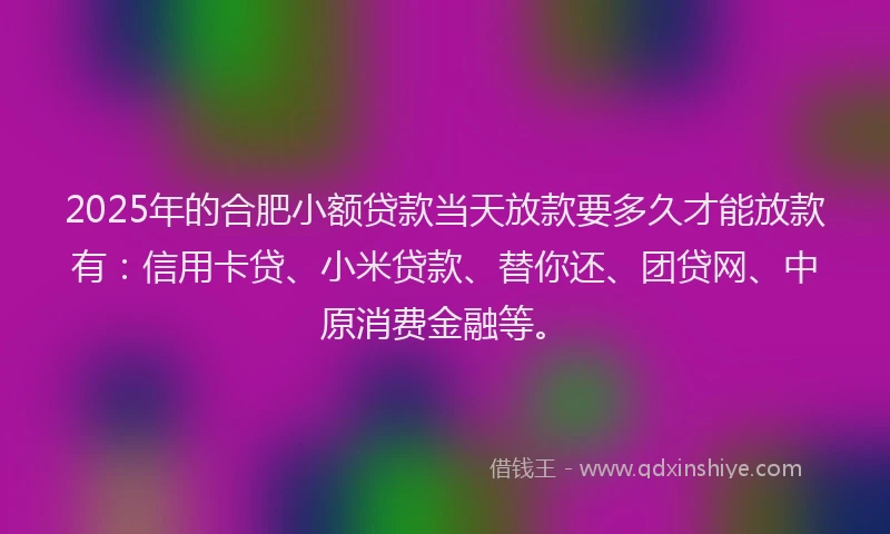 2025年的合肥小额贷款当天放款要多久才能放款有：信用卡贷、小米贷款、替你还、团贷网、中原消费金融等。