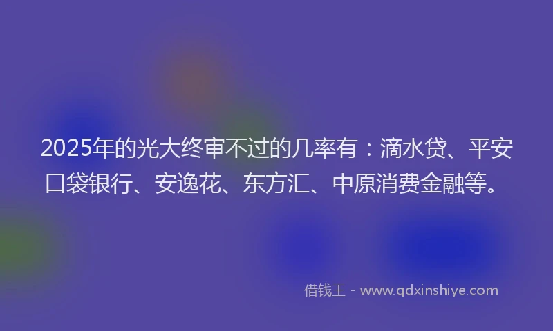 2025年的光大终审不过的几率有：滴水贷、平安口袋银行、安逸花、东方汇、中原消费金融等。
