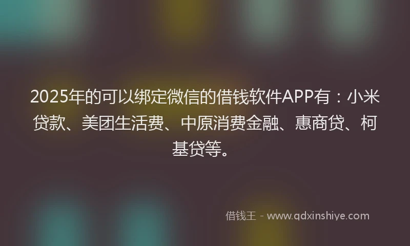 2025年的可以绑定微信的借钱软件APP有：小米贷款、美团生活费、中原消费金融、惠商贷、柯基贷等。