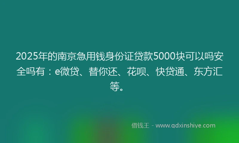 2025年的南京急用钱身份证贷款5000块可以吗安全吗有：e微贷、替你还、花呗、快贷通、东方汇等。