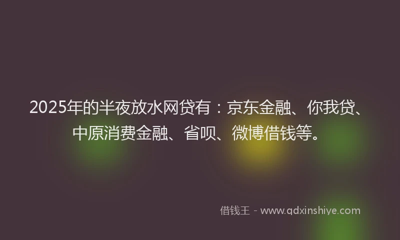 2025年的半夜放水网贷有：京东金融、你我贷、中原消费金融、省呗、微博借钱等。