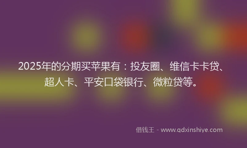 2025年的分期买苹果有：投友圈、维信卡卡贷、超人卡、平安口袋银行、微粒贷等。