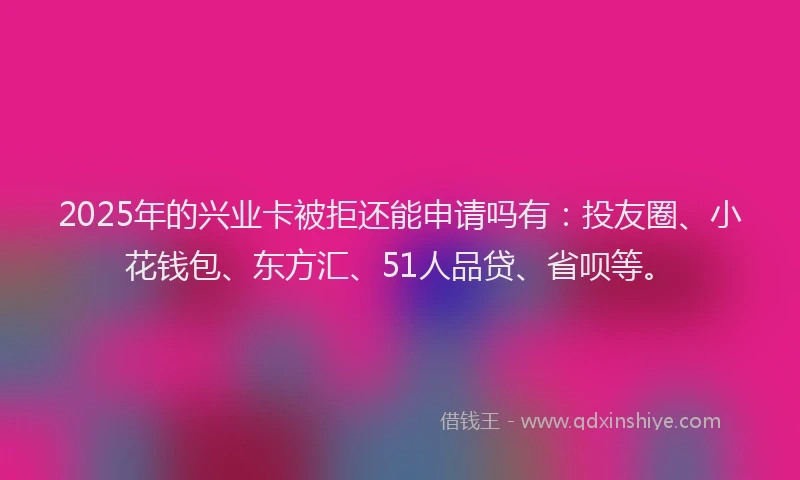 2025年的兴业卡被拒还能申请吗有：投友圈、小花钱包、东方汇、51人品贷、省呗等。