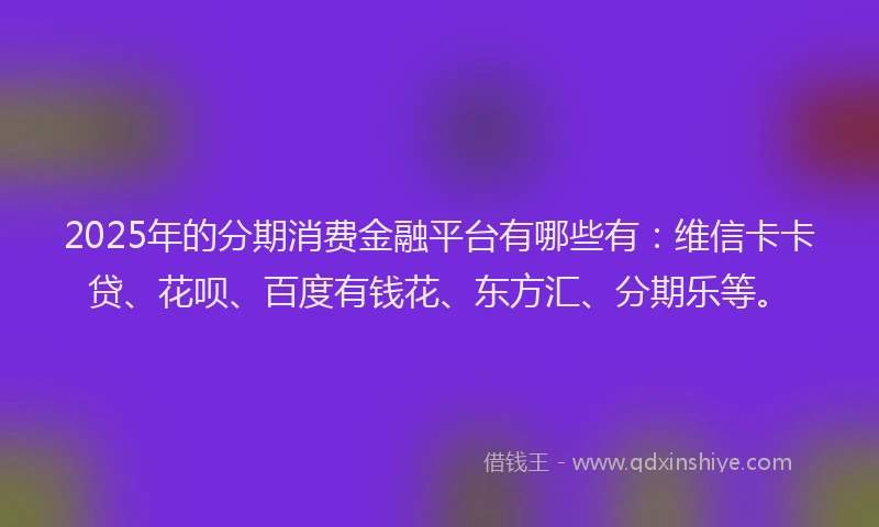 2025年的分期消费金融平台有哪些有：维信卡卡贷、花呗、百度有钱花、东方汇、分期乐等。
