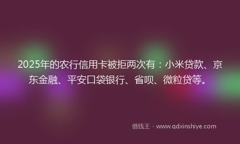 2025年的农行信用卡被拒两次有：小米贷款、京东金融、平安口袋银行、省呗、微粒贷等。