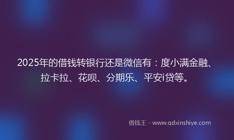 2025年的借钱转银行还是微信有：度小满金融、拉卡拉、花呗、分期乐、平安i贷等。