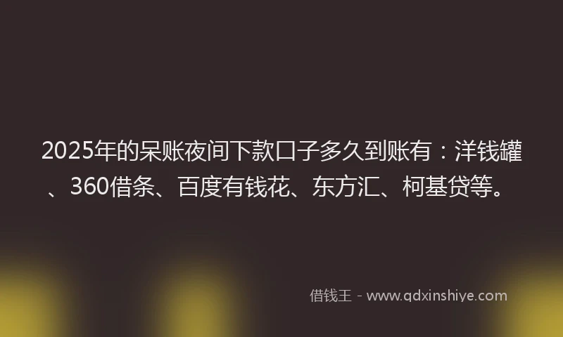 2025年的呆账夜间下款口子多久到账有：洋钱罐、360借条、百度有钱花、东方汇、柯基贷等。