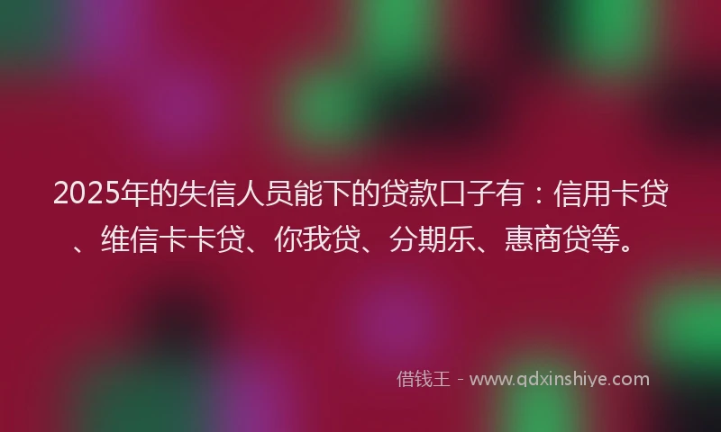 2025年的失信人员能下的贷款口子有：信用卡贷、维信卡卡贷、你我贷、分期乐、惠商贷等。