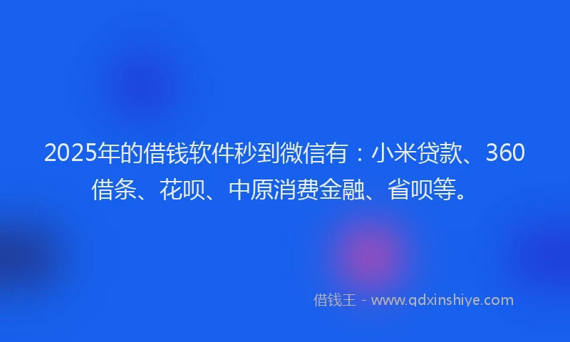 2025年的借钱软件秒到微信有：小米贷款、360借条、花呗、中原消费金融、省呗等。