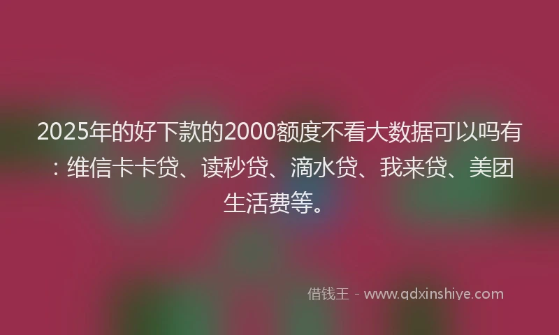 2025年的好下款的2000额度不看大数据可以吗有：维信卡卡贷、读秒贷、滴水贷、我来贷、美团生活费等。
