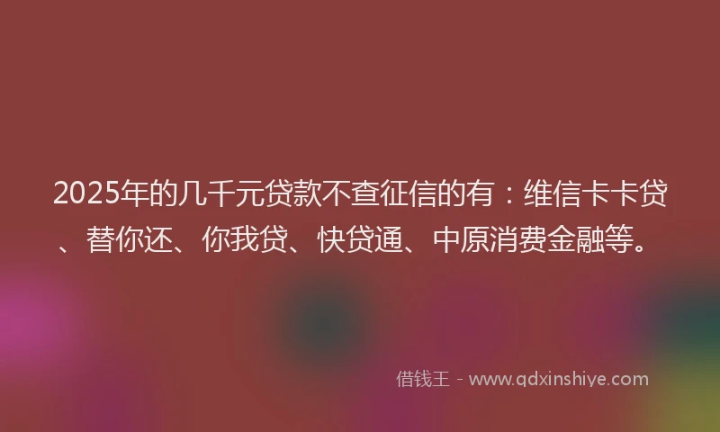 2025年的几千元贷款不查征信的有：维信卡卡贷、替你还、你我贷、快贷通、中原消费金融等。