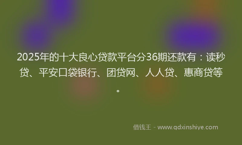 2025年的十大良心贷款平台分36期还款有：读秒贷、平安口袋银行、团贷网、人人贷、惠商贷等。