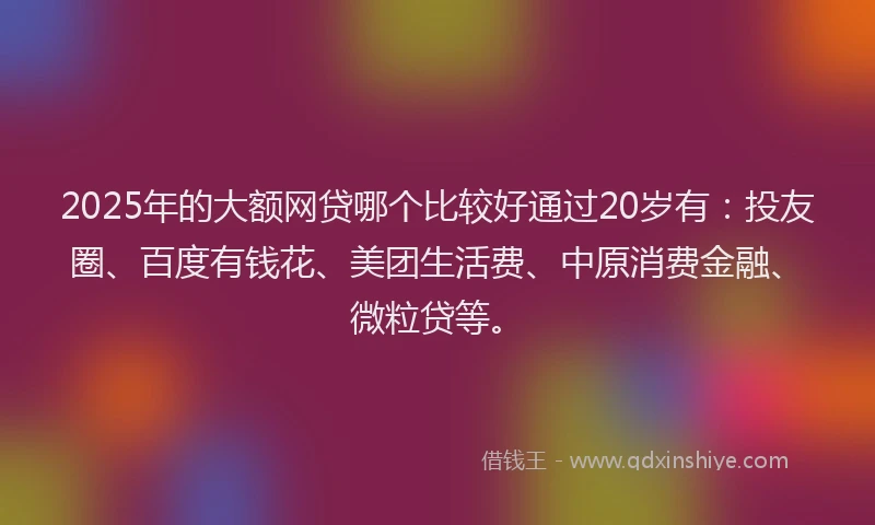 2025年的大额网贷哪个比较好通过20岁有：投友圈、百度有钱花、美团生活费、中原消费金融、微粒贷等。