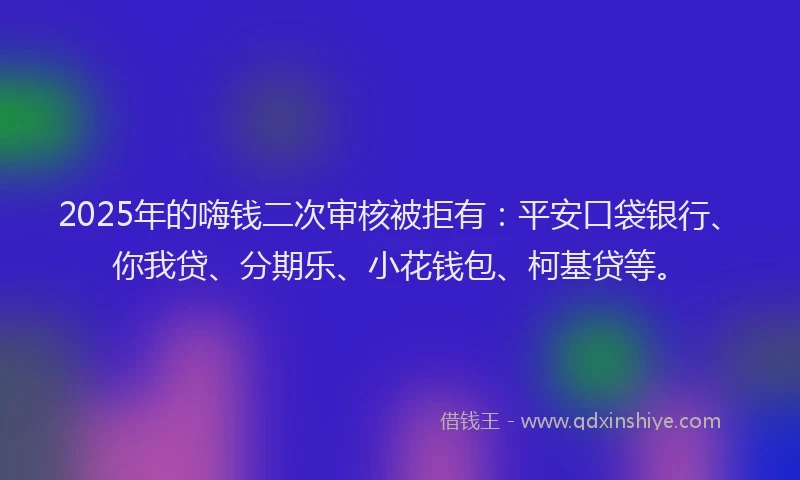 2025年的嗨钱二次审核被拒有：平安口袋银行、你我贷、分期乐、小花钱包、柯基贷等。