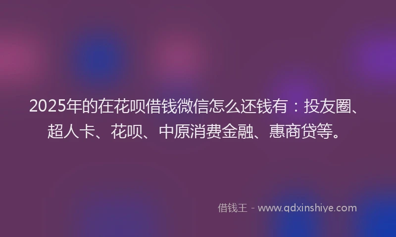 2025年的在花呗借钱微信怎么还钱有：投友圈、超人卡、花呗、中原消费金融、惠商贷等。