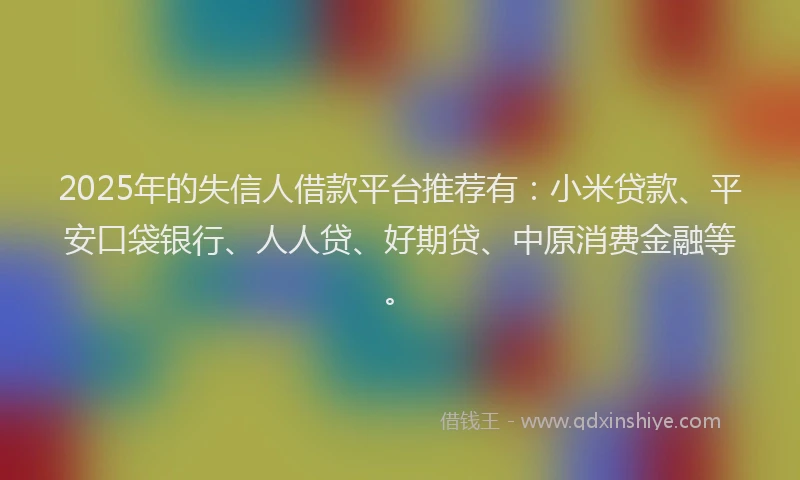 2025年的失信人借款平台推荐有：小米贷款、平安口袋银行、人人贷、好期贷、中原消费金融等。