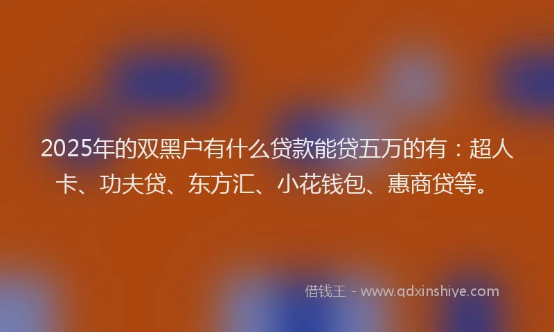 2025年的双黑户有什么贷款能贷五万的有：超人卡、功夫贷、东方汇、小花钱包、惠商贷等。