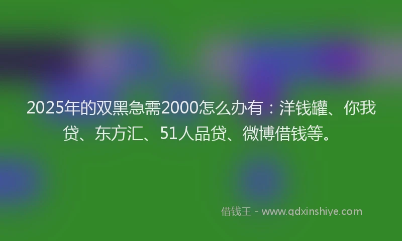 2025年的双黑急需2000怎么办有：洋钱罐、你我贷、东方汇、51人品贷、微博借钱等。