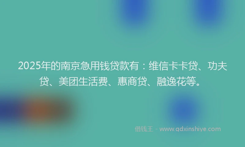2025年的南京急用钱贷款有：维信卡卡贷、功夫贷、美团生活费、惠商贷、融逸花等。