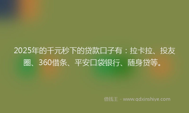 2025年的千元秒下的贷款口子有：拉卡拉、投友圈、360借条、平安口袋银行、随身贷等。