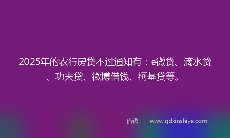 2025年的农行房贷不过通知有：e微贷、滴水贷、功夫贷、微博借钱、柯基贷等。