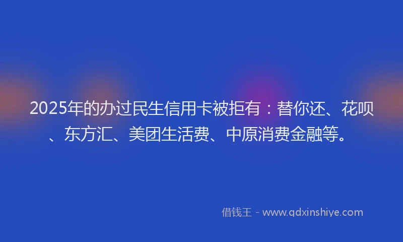 2025年的办过民生信用卡被拒有：替你还、花呗、东方汇、美团生活费、中原消费金融等。