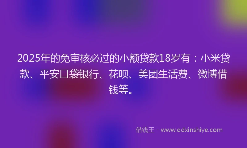 2025年的免审核必过的小额贷款18岁有：小米贷款、平安口袋银行、花呗、美团生活费、微博借钱等。