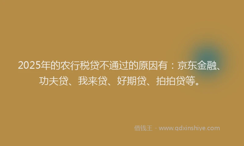 2025年的农行税贷不通过的原因有：京东金融、功夫贷、我来贷、好期贷、拍拍贷等。