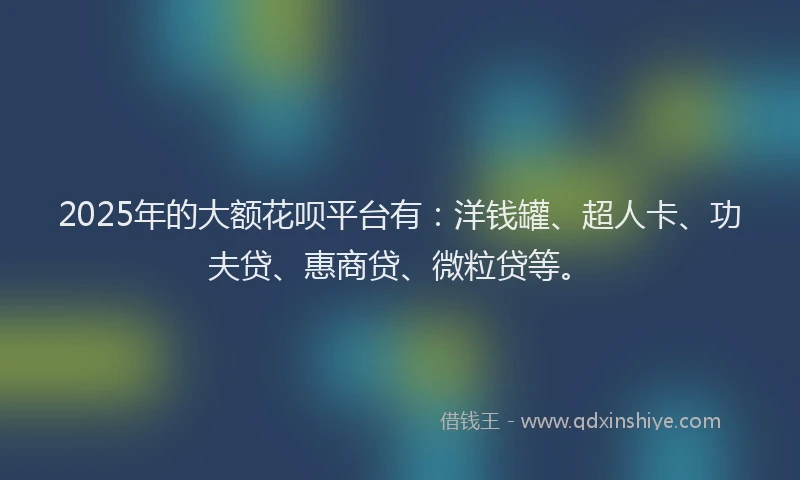 2025年的大额花呗平台有：洋钱罐、超人卡、功夫贷、惠商贷、微粒贷等。