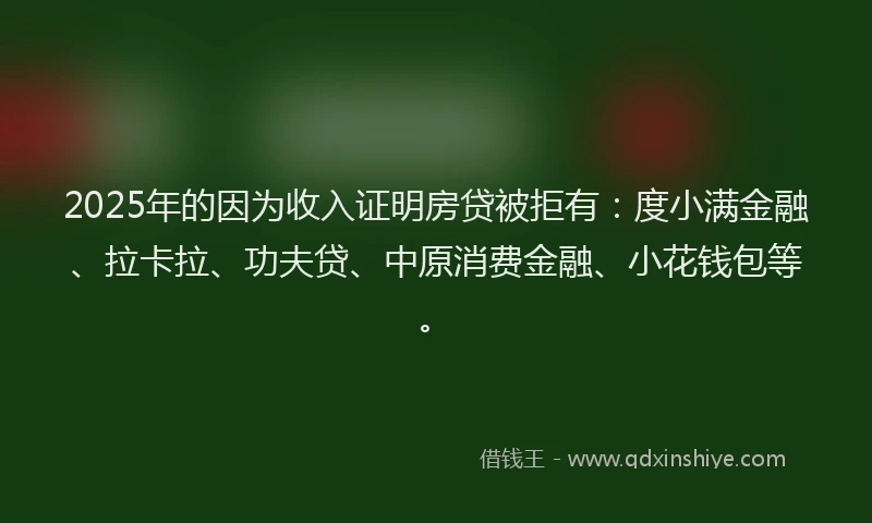 2025年的因为收入证明房贷被拒有：度小满金融、拉卡拉、功夫贷、中原消费金融、小花钱包等。