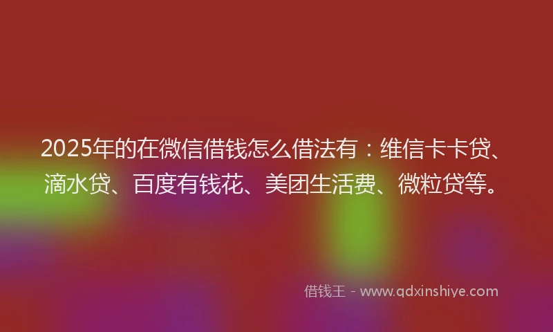 2025年的在微信借钱怎么借法有：维信卡卡贷、滴水贷、百度有钱花、美团生活费、微粒贷等。