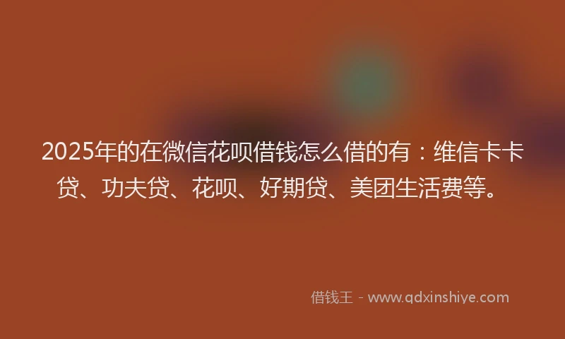 2025年的在微信花呗借钱怎么借的有：维信卡卡贷、功夫贷、花呗、好期贷、美团生活费等。