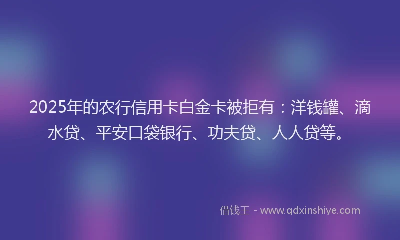 2025年的农行信用卡白金卡被拒有：洋钱罐、滴水贷、平安口袋银行、功夫贷、人人贷等。