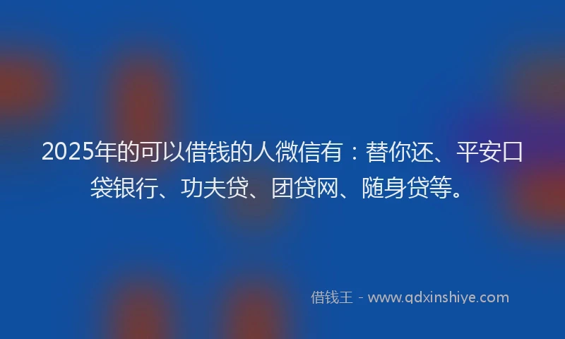2025年的可以借钱的人微信有：替你还、平安口袋银行、功夫贷、团贷网、随身贷等。