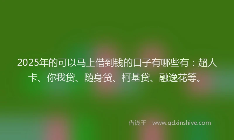 2025年的可以马上借到钱的口子有哪些有：超人卡、你我贷、随身贷、柯基贷、融逸花等。