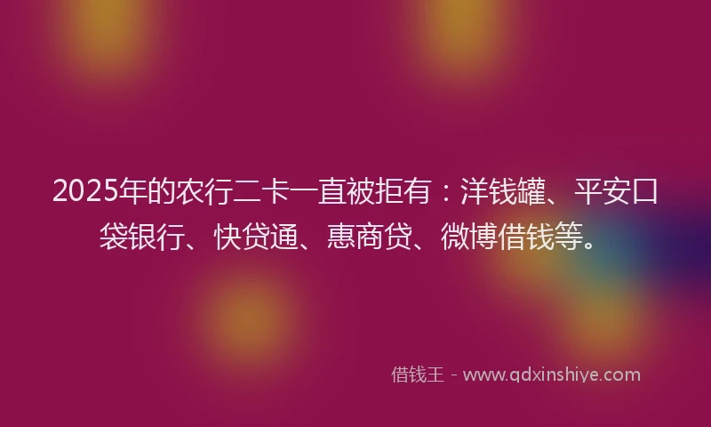 2025年的农行二卡一直被拒有：洋钱罐、平安口袋银行、快贷通、惠商贷、微博借钱等。